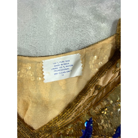 Silk Sequin Butterfly Top Womens Medium Gold Blue Embellished Festival Y2K Boho - Picture 3 of 8